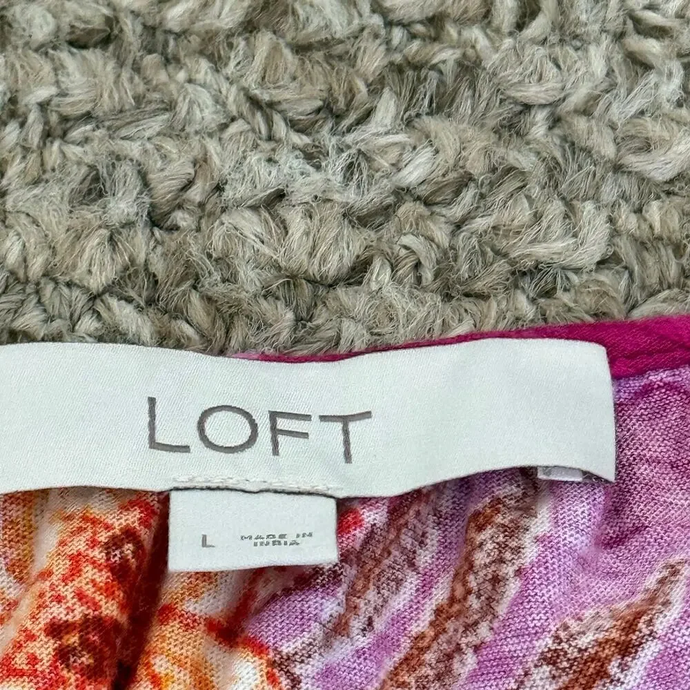 Textured Stripe Floral Puff Sleeve Button Down V-Neck Loft 100% Cotton Blouse